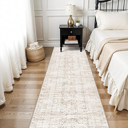 2'6x12 Washable Hallway Runner Rug - Vintage Kitchen Rugs with Non Slip Backing Low Pile Stain Resistant Carpets for Living Room Bedroom Entryway Soft Floor Mat for Laundry 2.6x12 Beige Brown