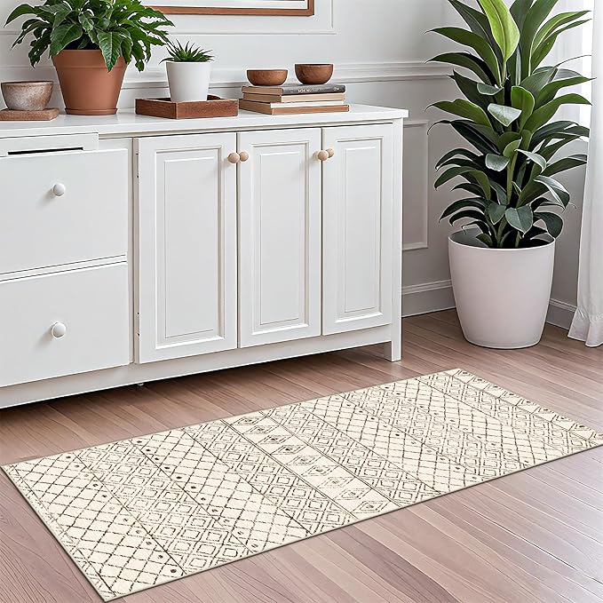2x5 Rug Runner Boho Geometric: Washable Hallway Moroccan Runners - Non Slip Low Pile Soft Pets Friendly Rugs for Kitchen Bathroom Bedroom Entryway Laundry 2x5 Geo Beige