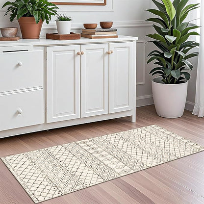 2x5 Rug Runner Boho Geometric: Washable Hallway Moroccan Runners - Non Slip Low Pile Soft Pets Friendly Rugs for Kitchen Bathroom Bedroom Entryway Laundry 2x5 Geo Beige