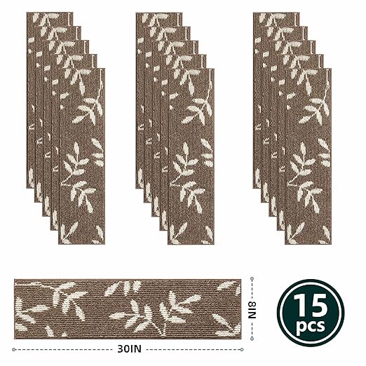 Carpet Stair Treads, Non-Slip Stair Treads for Wooden Steps Indoor, 30”x8” Stair Runner for Pets Non Skid Wood Staircase Step Treads Reusable, Set of 15, Brown