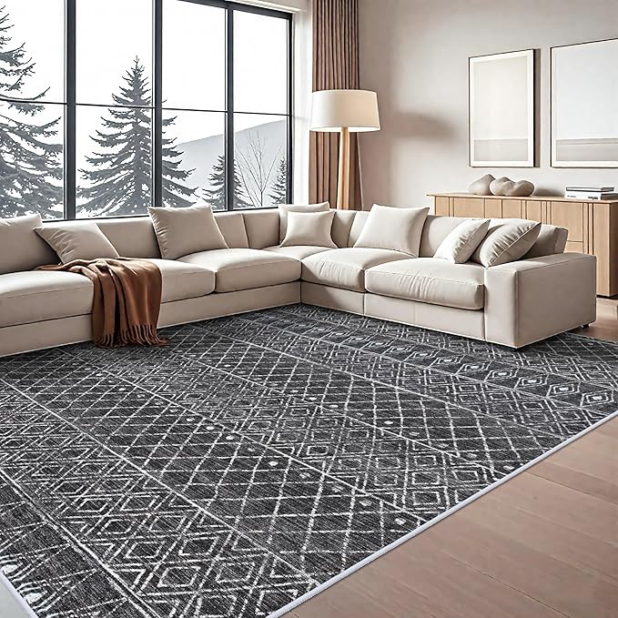 10 x 12 Area Rug - Modern Living Room Area Rugs Washable Moroccan Rugs Low Pile Non Slip Carpets Soft Indoor Thin for Bedroom Dining Room Office 10x12 Black