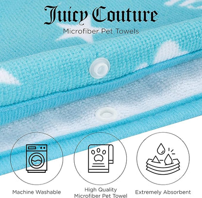 JUICY COUTURE Hooded Towel 100% Microfiber Dog & Cat Drying Towel with Hood & Snap Closure, Absorbent Quick Dry Machine Washable Hooded Towels (Turquoise Blue)
