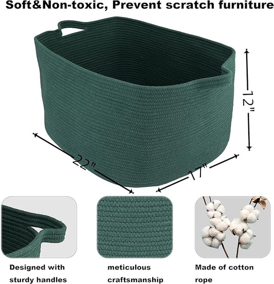 Large Rectangle Blankets Basket Living Room 22"x17"x12" Woven Cotton Rope Storage Basket for Nursery Toy Baskets for Kids and Dogs Wicker Laundry Baskets Bin for Clothes Towels dark green