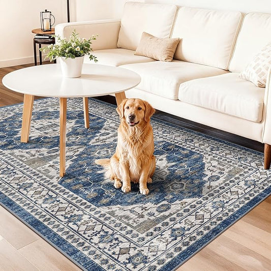 Washable 4x8 Hallway Runner Rug: Vintage 8ft Soft Runners for Entry Kitchen Wide Low Pile Carpet with Non-Slip Backing for Living Room Bedroom Thin Bathroom Carpet for Dining Room Foyer（4x8,Blue