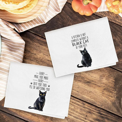 Funny Black Cat Kitchen Towels, Black Cat Mom Lady Lovers Gifts for Women Hand Towels, Gifts for Pet Lovers Dishcloths Dish Towel for Kitchen 16x24 Inches Set of 2