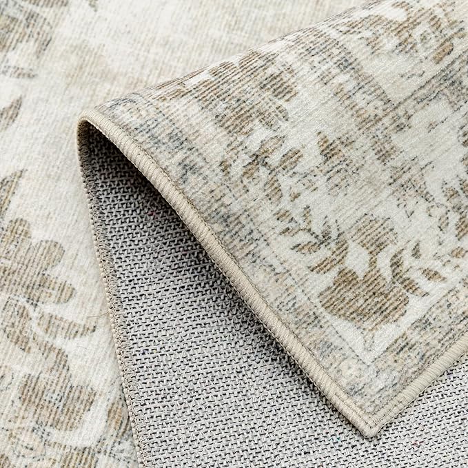 2'6"x8' Runner Rug Beige Washable Hallway Kitchen Bedroom Vintage Distressed Bathroom Non Slip Medallion Floral Carpet Indoor Retro Throw Floor Mat for Office Dining Laundry Living Room