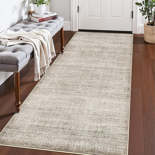 Washable 3x6 Neutral Area Rugs: Water-Resistant Kitchen Rug Low Pile Soft Beside Carpet for Bedroom Nursery Anti-Slip Entryway Bathroom Runner Rug Thin Distressed Hallway Floor Mat(3x6,Beige/Ivory)