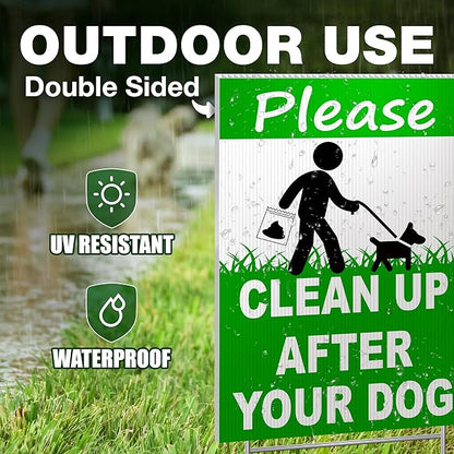 2-Pack Clean Up After Your Dog Signs, Double Sided 12x8 Coroplast Signs with H-Stakes, Outdoor Reminder for Yards, Apartments