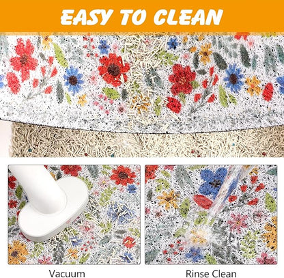 Cat Litter Mat, 20x15 in Litters Box Mat Waterproof Non-slip Easy to Clean Washable Trapping Mat for Kitty(White Leaves)