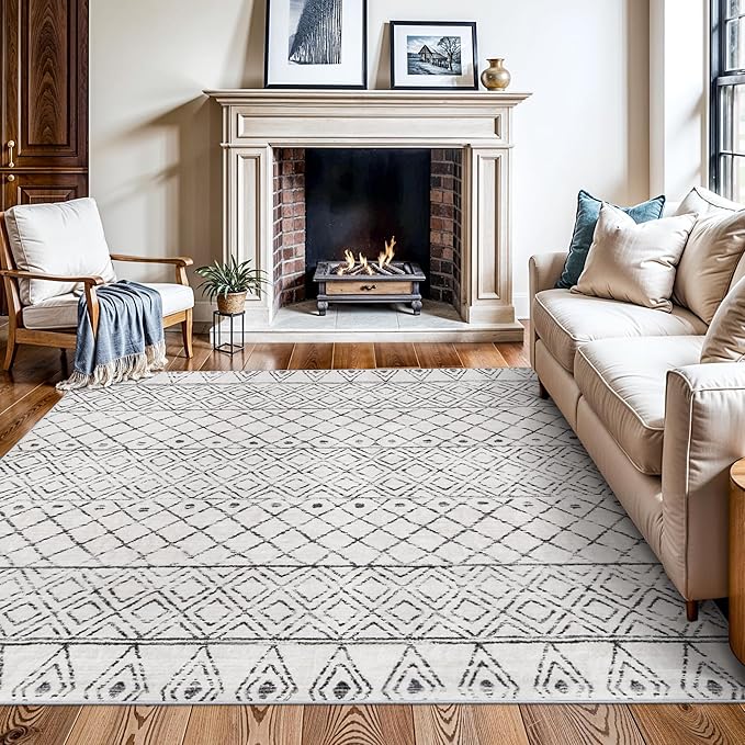 Square 6x6 Area Rug Moroccan: Machine Washable Non Slip Large Carpet - Low Pile Boho Floor Mat for Living Room Bedroom Game Room - Soft Non-Shedding Rugs for Home Office Decor 6x6 Geo Grey