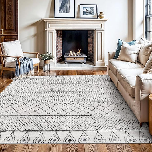 Square 6x6 Area Rug Moroccan: Machine Washable Non Slip Large Carpet - Low Pile Boho Floor Mat for Living Room Bedroom Game Room - Soft Non-Shedding Rugs for Home Office Decor 6x6 Geo Grey