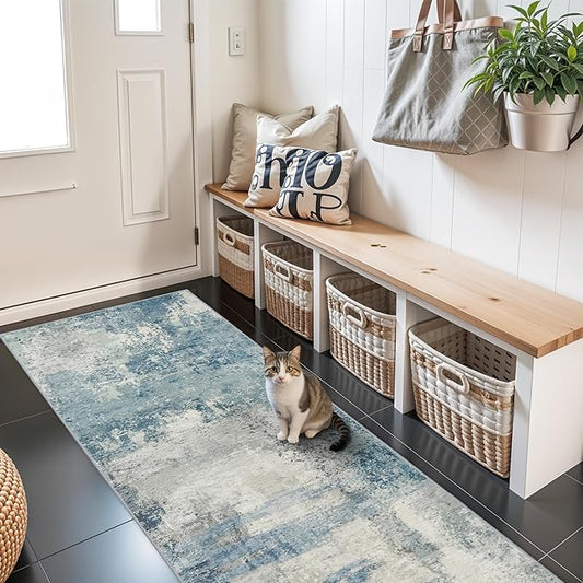 Rug Runners Abstract 2x6 - Washable Hallway Runner Rugs Non Slip Kitchen Carpet Low Pile Soft Indoor Floor Mat Front Door for Bedroom Entryway Laundry 2x6 Blue