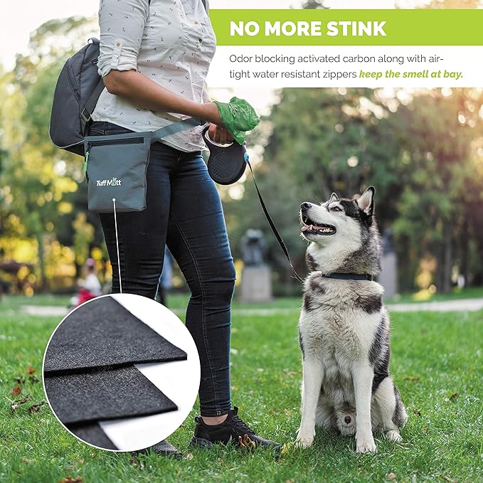 Tuff Mutt Dog Poop Bag Holder with Dispenser, Odor-Blocking Liner and Water-Resistant Fabric, Holds Full Dog Waste Bags, Adjustable Waist Belt, Includes Doggy Poop Roll