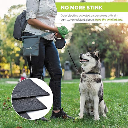 Tuff Mutt Dog Poop Bag Holder with Dispenser, Odor-Blocking Liner and Water-Resistant Fabric, Holds Full Dog Waste Bags, Adjustable Waist Belt, Includes Doggy Poop Roll