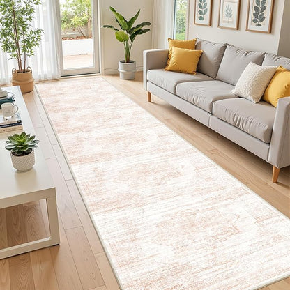 2x12 Runner Rug, Long Hallway Rugs for Dining Room, Living Room, Bedroom, Machine Washable Kitchen Carpet Runner with Rubber Backing, Soft Low Pile Indoor Rug(2'x12', Pink/White)