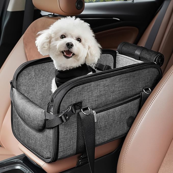 YUDODO 2-12lbs Center Console Dog Car Seat, Anti-Slip Pet Cat Booster Seat for Small Dogs, Portable Puppy Bed Carseat Carrier PU Leather Gray