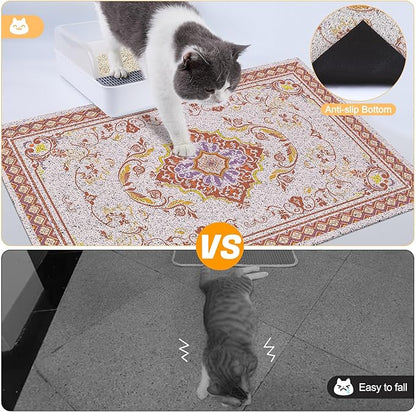 Glittme Cat Litter Mat with Non-Slip Bottom Litter Box Mat 47"X35" Litter Trapping Mat Easy to Clean Washable Cat Food Mat for Kitty,XXL