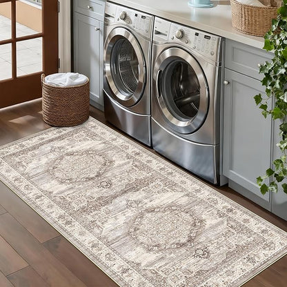 Washable 3x6 Hallway Runner Rug: Vintage Water Resistant Kitchen Entryway Rug Ultra Soft Living Room Bedroom Carpet with Non Slip Backing Indoor Low Pile Floor Mat for Bathroom Dining Room(3x6,Beige)