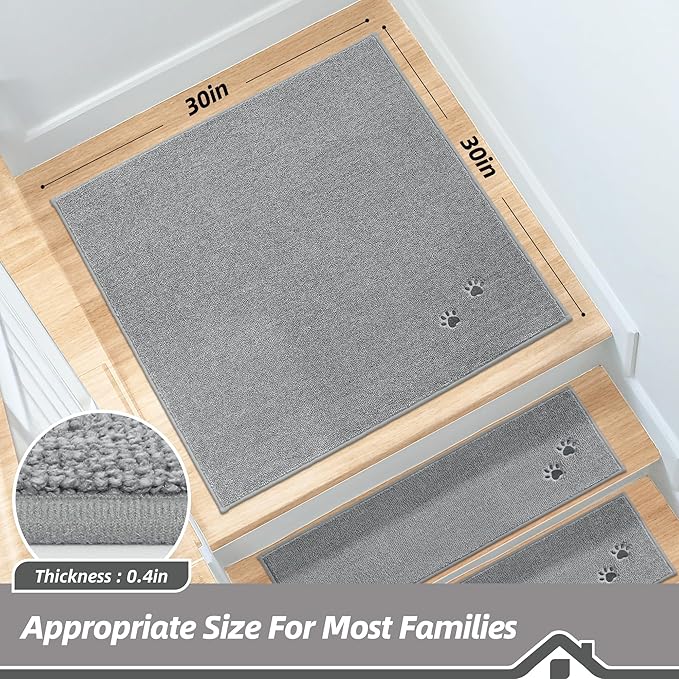 BEQHAUSE Stair Landing Rug Non-Slip 30"x30", Square Stair Landing Mats for Stairs Washable, Carpet Stair Treads Matching Mats for Wooden Steps Indoor Landing Rugs Surface Polyester TPE Backing, Grey