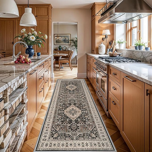 RUUGME Washable 4x8 Runner Rug - Wide Vintage Kitchen Rugs with Non Slip Backing Low Pile Stain Resistant Carpet for Hallway Office Bedroom Ultra-Thin Home Decor Mat for Bathroom Laundry 4x8 Black