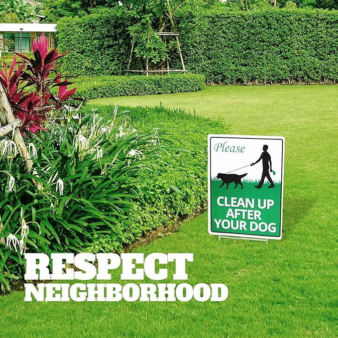 ANLEY Clean Up After Your Dog Sign with Metal Stake - Quick & Easy Install - Clean Up After Pet Warning, Cat Lawn Signs Double Sided Weather Fade Resistant for Yard Garden Grass 12" x 9"