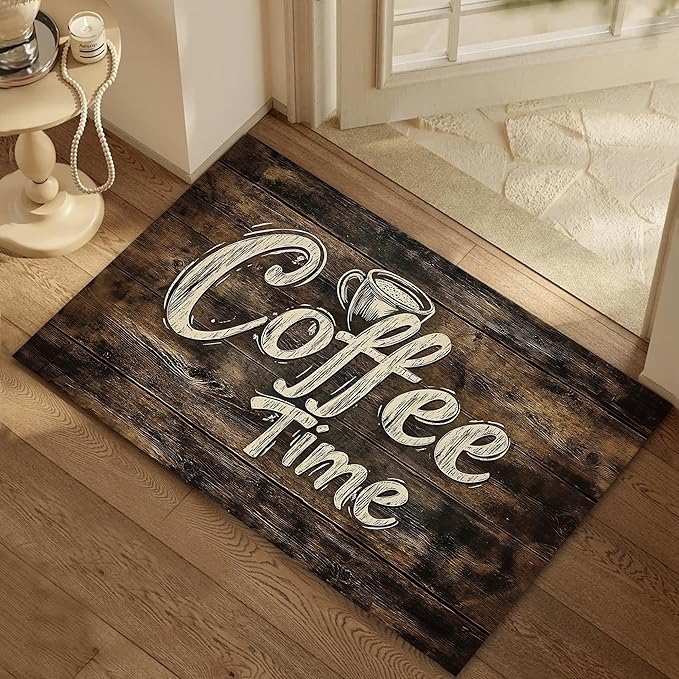 Door Mat, Retro Coffee Time Rugs for Front Door,Non-Slip Rustic Wood Board Low Profile Indoor Outdoor Welcome Mat for Entry Patio, Porch, Hallways,Kitchen 30 x 17 Inch