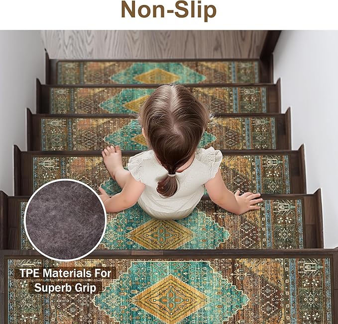 Non Slip Stair Treads for Wooden Steps 15PCS - 8"x30" Indoor Safety Carpet, Edging Mats with TPE Adhesive Backing, Pet and Elderly Friendly Stair Rugs (Amber&Cyan)
