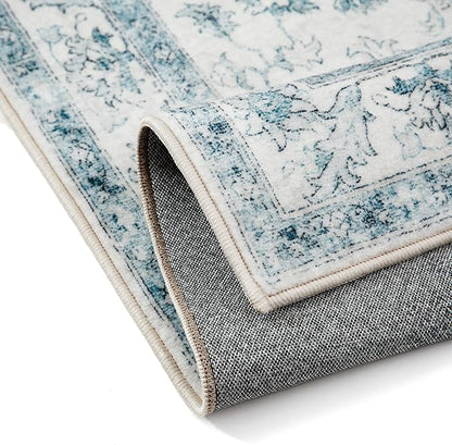 Blue Runner Rug 2x8 Washable Vintage Carpet for Hallway Kitchen Soft Retro Low Pile Thin Indoor Runner Non Slip Oriental Medallion Long Throw Rug for Bathroom Bedroom Laundry Dining Room
