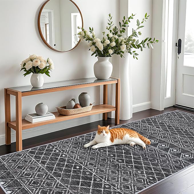 4x10 Rug for Hallway - Washable Moroccan Runner Rugs Non Slip Pets Friendly Runner Low Pile Soft Indoor Floor Mat Front Door for Kitchen Bedroom Entryway Laundry 4x10 Black