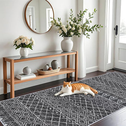 4x10 Rug for Hallway - Washable Moroccan Runner Rugs Non Slip Pets Friendly Runner Low Pile Soft Indoor Floor Mat Front Door for Kitchen Bedroom Entryway Laundry 4x10 Black