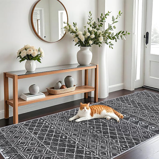 4x10 Rug for Hallway - Washable Moroccan Runner Rugs Non Slip Pets Friendly Runner Low Pile Soft Indoor Floor Mat Front Door for Kitchen Bedroom Entryway Laundry 4x10 Black