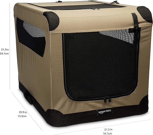 Amazon Basics Portable Folding Soft Dog Crate, Double Door, Collapsible Travel Kennel, Easy to Assemble, Medium, 29.92" x 21.3" x 21.3", Tan