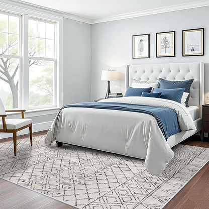 7x9 Area Rug for Living Room - Washable Rugs Moroccan Non-Slip Pet Friendly Stain Resistant Carpets for Bedroom Soft Low Pile Rug 7x9 Geo Grey