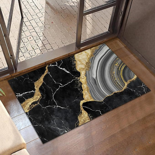 Indoor Rugs for Entryway,Black Gold Marble Welcome Mat for Home,Modern Simple Low Profile Entrance Rugs Non-Slip Doormats for Back Door Patio, Porch,Home Stairway,30 x 17 Inch