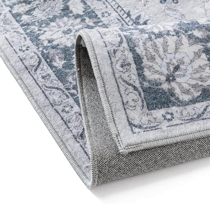 2x6 Runner Rug Blue Washable Hallway Vintage Carpet Kitchen Small Long Non Slip Stain Soft Resistant Low Pile Thin Boho Accent Indoor Throw Rug for Bedroom Laundry Living Room