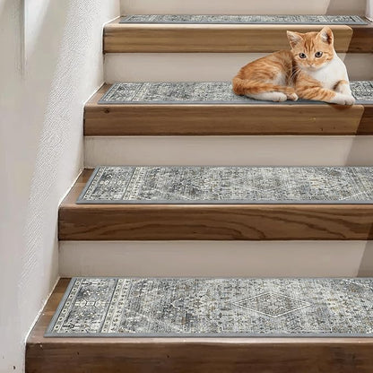 Non Slip Stair Treads for Wooden Steps 15PCS - 8"x30" Indoor Safety Carpet, Edging Mats with TPE Adhesive Backing, Pet and Elderly Friendly Stair Rugs (Charcoal&Gray)