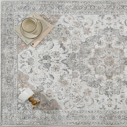 Taup Runner Rug 2x8 Washable Vintage Long Carpet Low Pile Traditional Distressed Retro Accent Indoor Hallway Throw Rug Non Slip for Kitchen Laundry Bathroom Dining Room