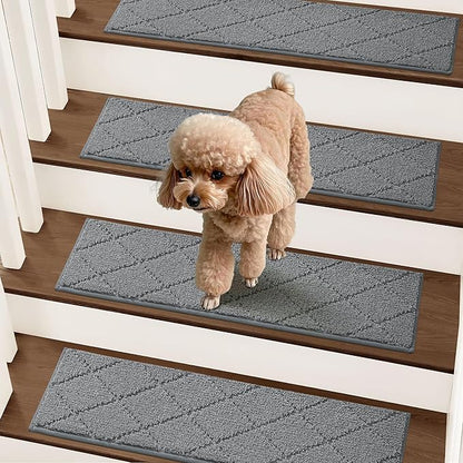 COSY HOMEER Stair Treads for Wooden Steps 9"x28" Washable Indoor Carpet Stair Treads Non Slip Soft Polyester Stair Carpet Tread Reusable Stair Runner Rugs for Kids, Elders,Pets,Medium Grey,15pcs