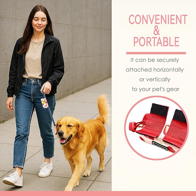 Dog Treat and Poop Bag Holder for Leash, 2 Waterproof Zipper Pouches for Pet Walking Accessories, with Dispenser, Training Clicker and 1 Free Roll (Strawberry)