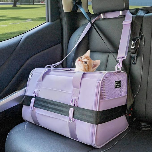 PETSFIT Soft-Sided Cat Carrier with Patented Safety Buckles, Lockable Zippers & Safety Tether,Escape-Resistant Travel Pet Carrier for Car Rides & Vet Visits, Airline Approved Under-Seat, Up to 12 lbs