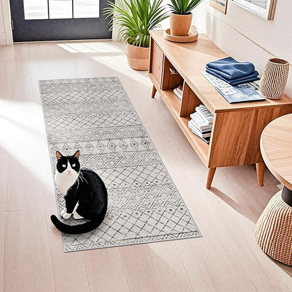 2x5 Rug Runner Moroccan - Washable Hallway Runner Rug Non Slip Pets Friendly Runner Low Pile Soft Indoor Floor Mat Front Door for Kitchen Bedroom Entryway Laundry 2x5 Geo Grey