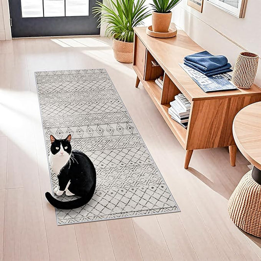2x5 Rug Runner Moroccan - Washable Hallway Runner Rug Non Slip Pets Friendly Runner Low Pile Soft Indoor Floor Mat Front Door for Kitchen Bedroom Entryway Laundry 2x5 Geo Grey