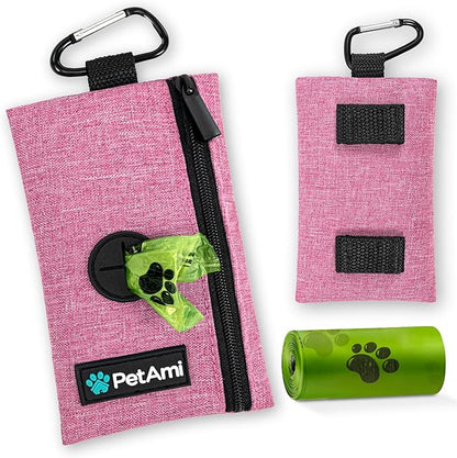 PetAmi Dog Poop Bag Holder for Leash, Dog Waste Bag Dispenser with Clip, Doggy Walking & Camping Accessories with Trash Bag Roll, Pink 1 Pack