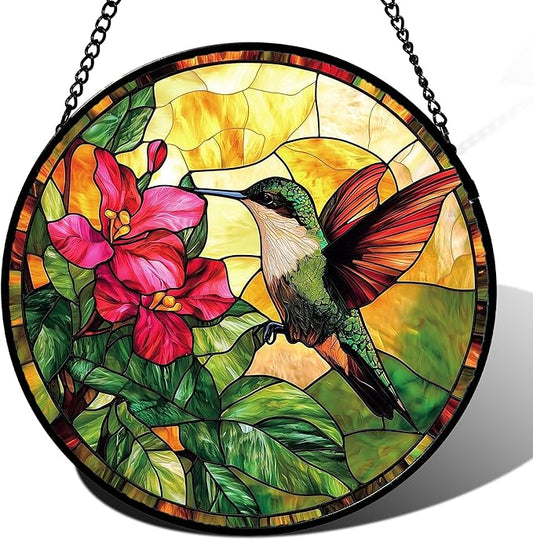 Stained Glass Suncatcher, Hummingbird Red Flowers Green Leaves Sun Catcher Stain Glass Window Hanging Decoration Mother's Day Birthday Gifts for Bird Lover Women Men Mom Nana 15 in