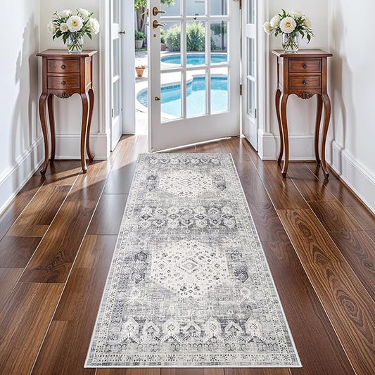 RUUGME 2x5 Hallway Runner Rug: Easy Clean Washable Carpet for Entryway Bedroom Kitchen Non Slip Non-Curl Edges Rugs Vintage Indoor Floor Mat - Perfect for High Traffic Areas with Pets 2'x5' Grey