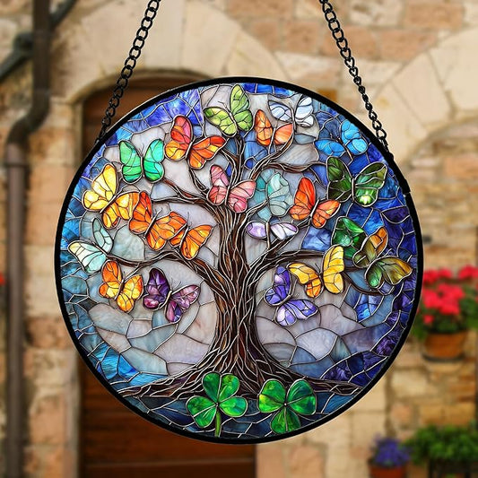Stained Glass Window Hanging, Butterfly Tree Clover Sun Catchers Glass Panel Blue Suncatcher Decor for Birthday for Women, Men, Wife, Aunt, and Mom 11.8x11.8 in