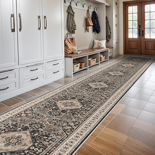 3x20 Washable Hallway Runner Rug - Hallway Rugs with Non Slip Backing Vintage Distressed Mats Soft Kitchen Carpets Extra Long Room Floor Carpet for Living Room Dining Room Bedroom (3x20, Black)