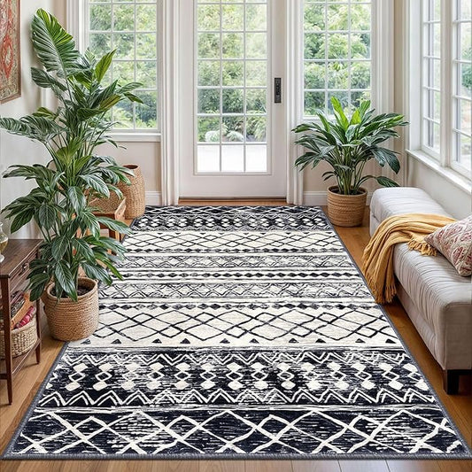 KUTA 4x6 Rug Boho Rugs for Living Room, Moroccan Washable Kitchen Rug Non Slip, Black Navy Blue Ultra Soft Print Geometric Entry Low-Pile Throw Carpet for Bedroom Nursery Dorm Decor