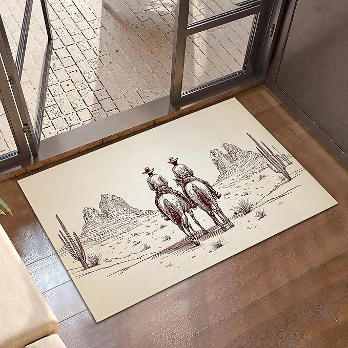 Door Mat, Western Cowboy Rugs for Front Door,Non-Slip Vintage Desert Cactus Low Profile Indoor Outdoor Welcome Mat for Entry Patio, Porch, Hallways,Kitchen 30 x 17 Inch