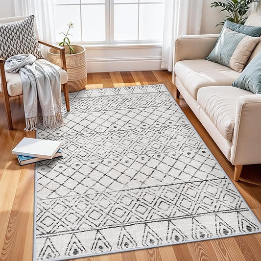3x5 Washable Moroccan Area Rug: Ultra Soft Low Pile Non-Slip Rugs - Modern Geometric Printed Indoor Floor Carpet for Living Room Bedroom Entryway Kitchen Home Decor 3x5 Geo Grey
